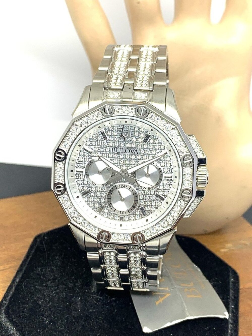 Bulova Men's Watch 96C134 Swarovski Crystals Pave Silver Dial Stainless …